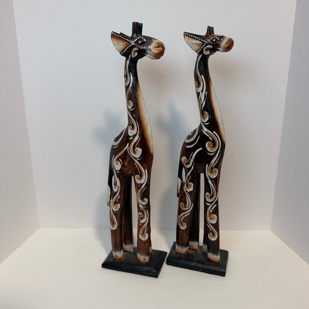 Pair of Giraffe Carved Wooden Statues 16" Tribal Painted Safari Decor